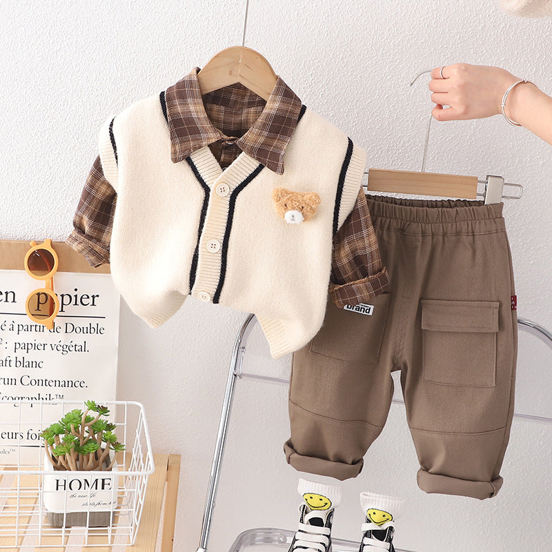 Conjunto Infantil Masculino Xadrez e Ursinho 3 Peças